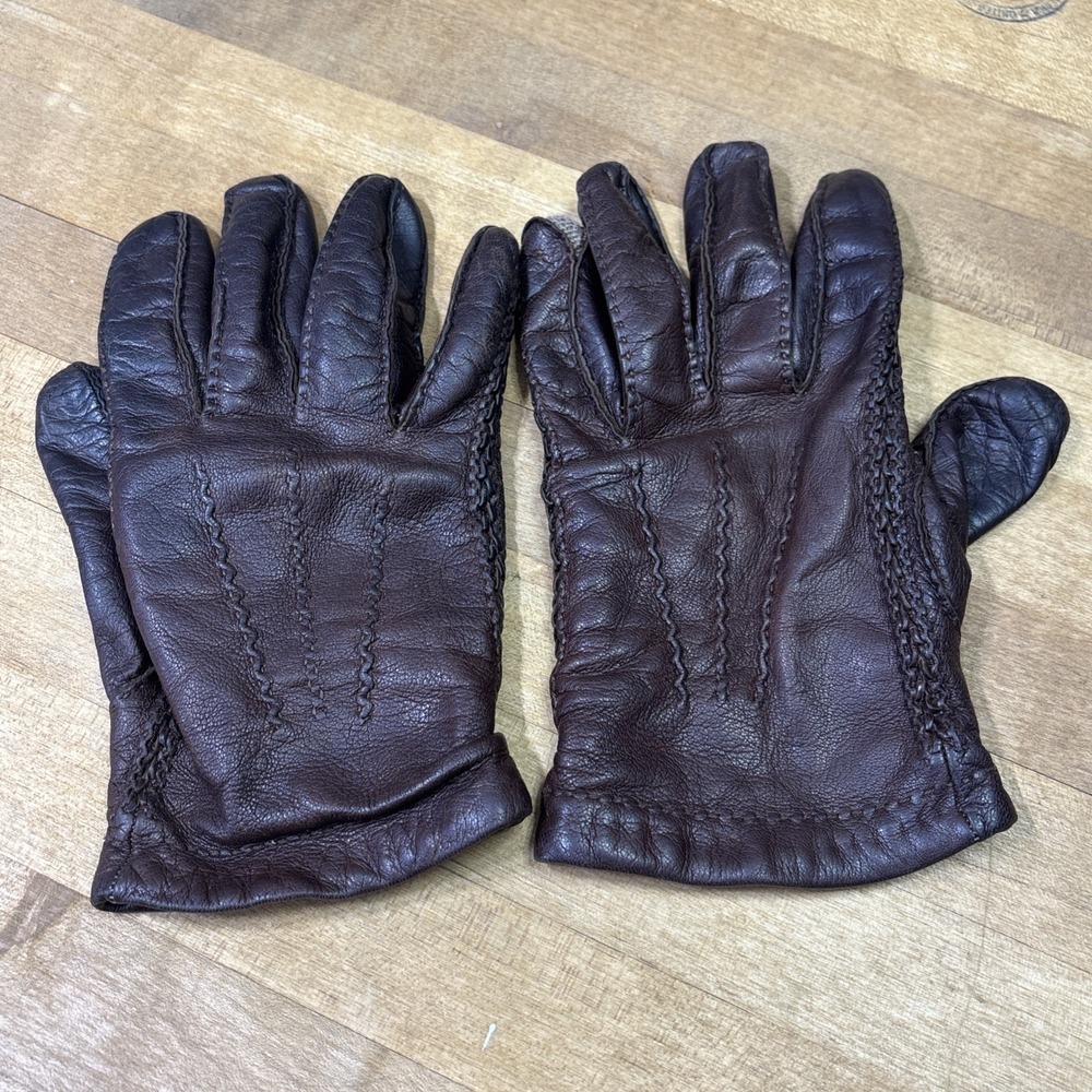 Vintage Brown Genuine Leather Lined Gloves Mens Winter Driving Gloves